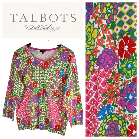 Talbots Sz XL 14 16 Thin Cardigan Sweater Floral Vibrant Colorful Stretch - Picture 1 of 5